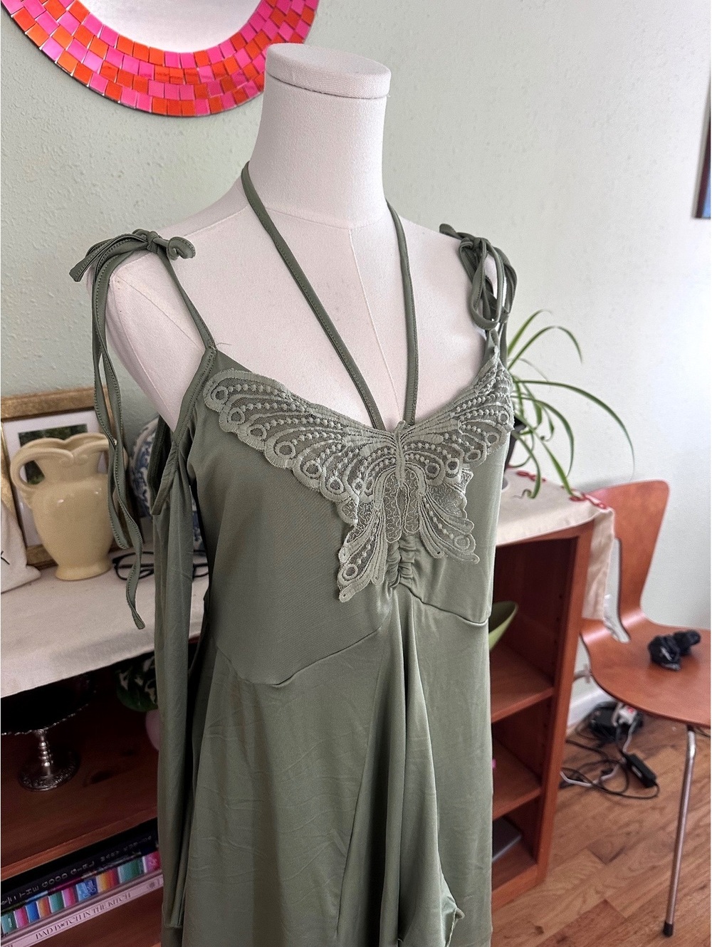 Fairy Olive Halter Off the Shoulder Long Sleeve Dress with Butterfly Embroidery